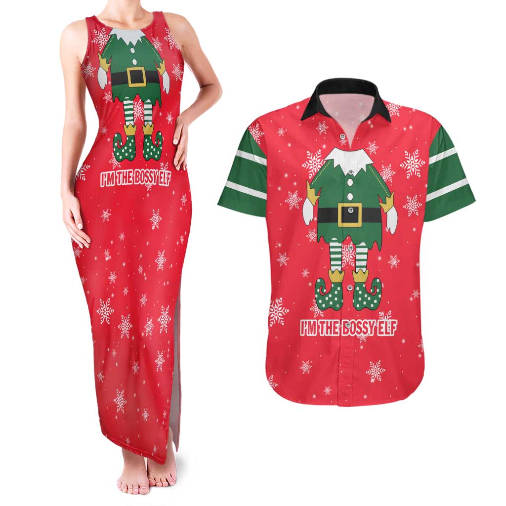 Bossy Elf Christmas Couples Matching Tank Maxi Dress and Hawaiian Shirt with Snowflakes and Striped Sleeves - Wonder Print Shop