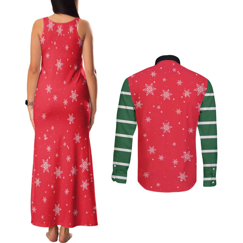 Bossy Elf Christmas Couples Matching Tank Maxi Dress and Long Sleeve Button Shirt with Snowflakes and Striped Sleeves - Wonder Print Shop