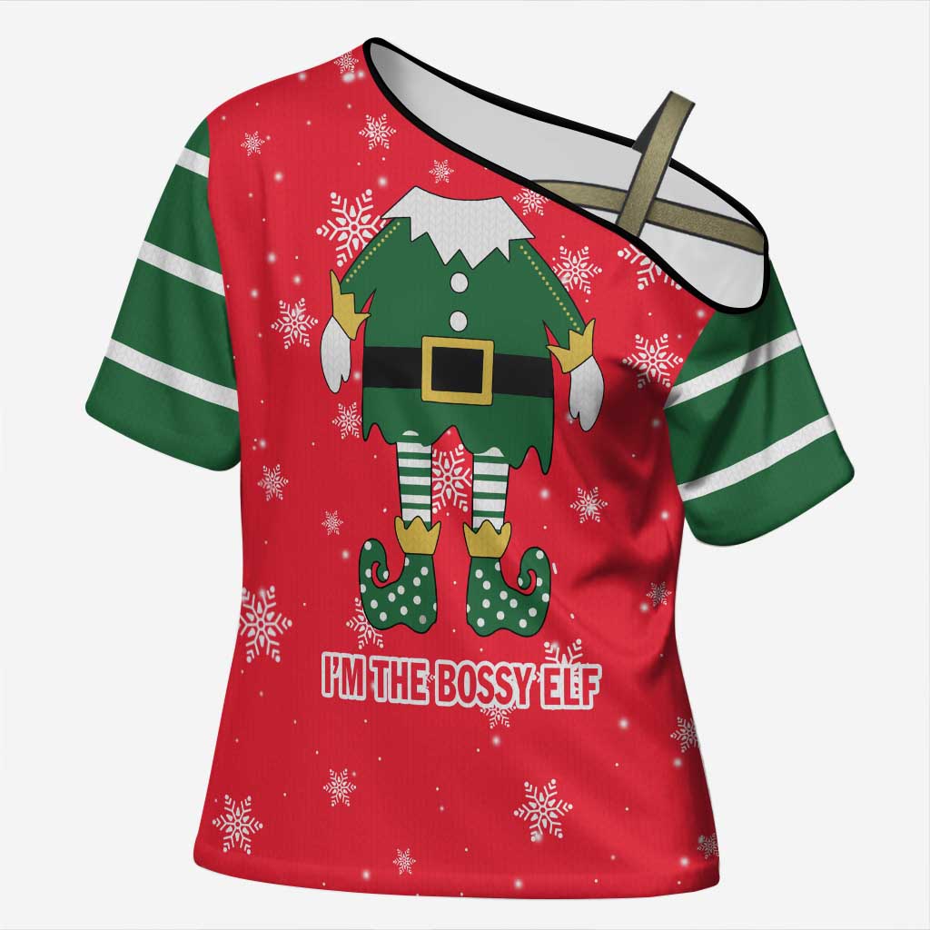 Bossy Elf Christmas Cross Shoulder Shirt with Snowflakes and Striped Sleeves - Wonder Print Shop