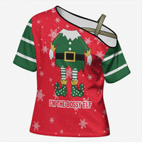 Bossy Elf Christmas Cross Shoulder Shirt with Snowflakes and Striped Sleeves - Wonder Print Shop