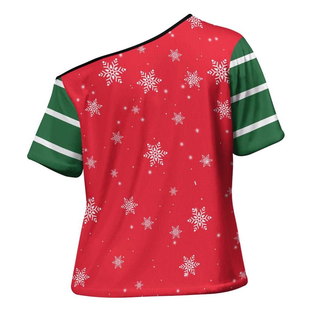 Bossy Elf Christmas Cross Shoulder Shirt with Snowflakes and Striped Sleeves - Wonder Print Shop