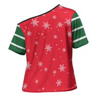 Bossy Elf Christmas Cross Shoulder Shirt with Snowflakes and Striped Sleeves - Wonder Print Shop
