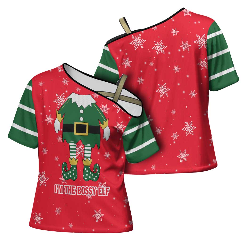 Bossy Elf Christmas Cross Shoulder Shirt with Snowflakes and Striped Sleeves - Wonder Print Shop