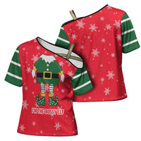 Bossy Elf Christmas Cross Shoulder Shirt with Snowflakes and Striped Sleeves - Wonder Print Shop