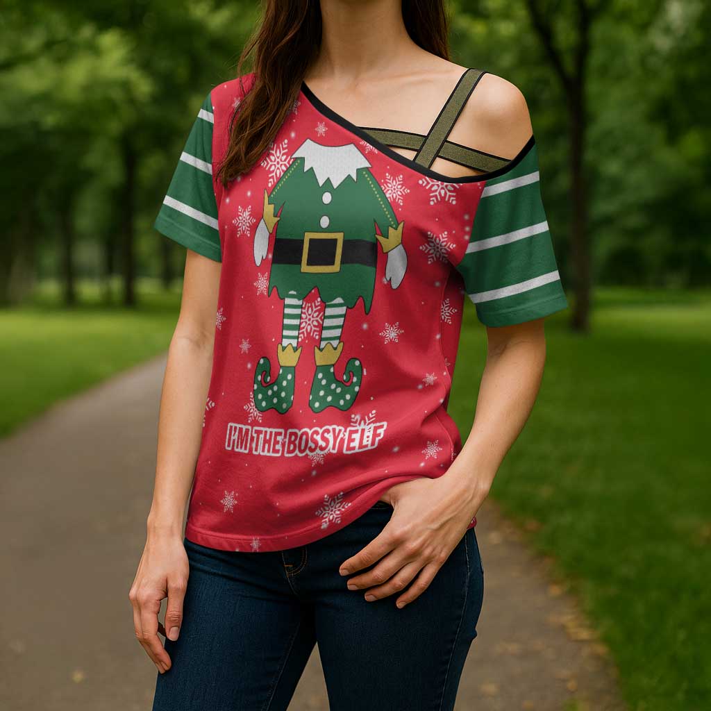 Bossy Elf Christmas Cross Shoulder Shirt with Snowflakes and Striped Sleeves - Wonder Print Shop