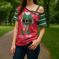 Bossy Elf Christmas Cross Shoulder Shirt with Snowflakes and Striped Sleeves - Wonder Print Shop