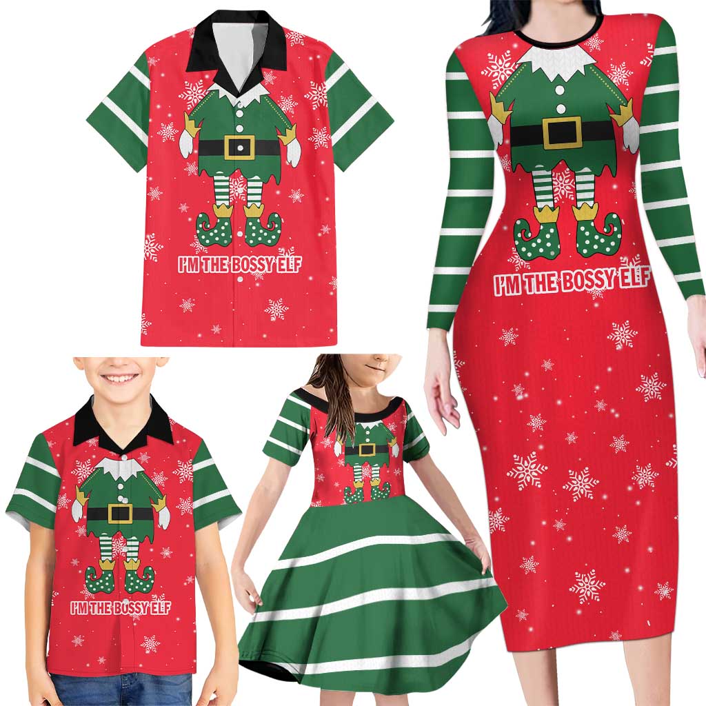 Bossy Elf Christmas Family Matching Long Sleeve Bodycon Dress and Hawaiian Shirt with Snowflakes and Striped Sleeves - Wonder Print Shop