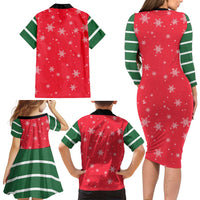Bossy Elf Christmas Family Matching Long Sleeve Bodycon Dress and Hawaiian Shirt with Snowflakes and Striped Sleeves - Wonder Print Shop