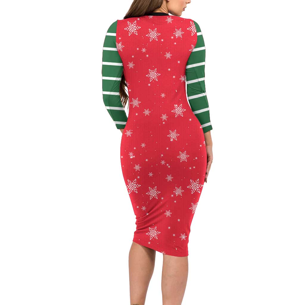 Bossy Elf Christmas Family Matching Long Sleeve Bodycon Dress and Hawaiian Shirt with Snowflakes and Striped Sleeves - Wonder Print Shop