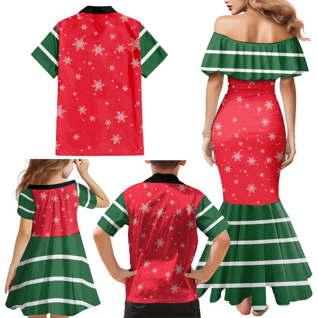 Bossy Elf Christmas Family Matching Mermaid Dress and Hawaiian Shirt with Snowflakes and Striped Sleeves - Wonder Print Shop