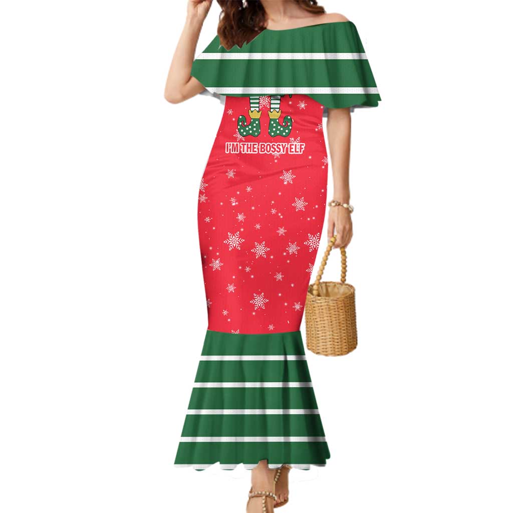 Bossy Elf Christmas Family Matching Mermaid Dress and Hawaiian Shirt with Snowflakes and Striped Sleeves - Wonder Print Shop