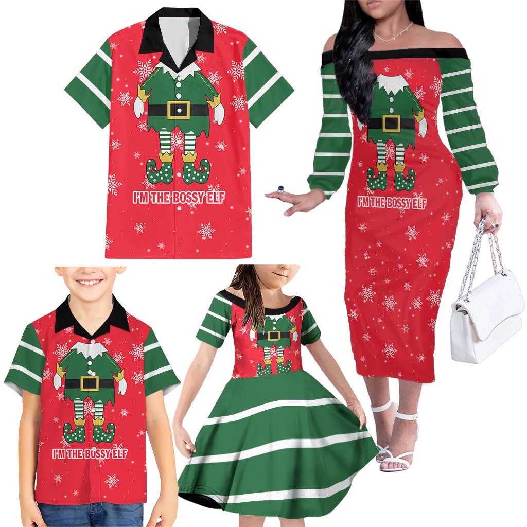 Bossy Elf Christmas Family Matching Off The Shoulder Long Sleeve Dress and Hawaiian Shirt with Snowflakes and Striped Sleeves - Wonder Print Shop