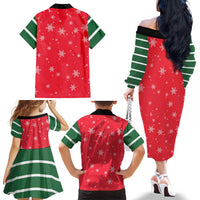 Bossy Elf Christmas Family Matching Off The Shoulder Long Sleeve Dress and Hawaiian Shirt with Snowflakes and Striped Sleeves - Wonder Print Shop