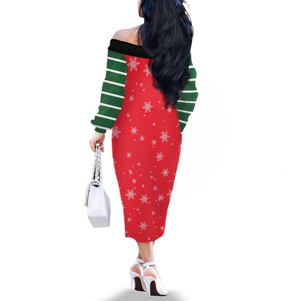 Bossy Elf Christmas Family Matching Off The Shoulder Long Sleeve Dress and Hawaiian Shirt with Snowflakes and Striped Sleeves - Wonder Print Shop