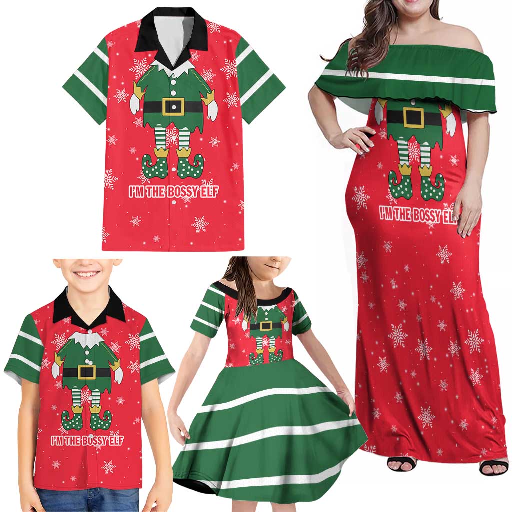 Bossy Elf Christmas Family Matching Off Shoulder Maxi Dress and Hawaiian Shirt with Snowflakes and Striped Sleeves - Wonder Print Shop