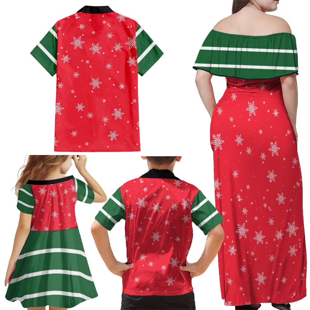 Bossy Elf Christmas Family Matching Off Shoulder Maxi Dress and Hawaiian Shirt with Snowflakes and Striped Sleeves - Wonder Print Shop