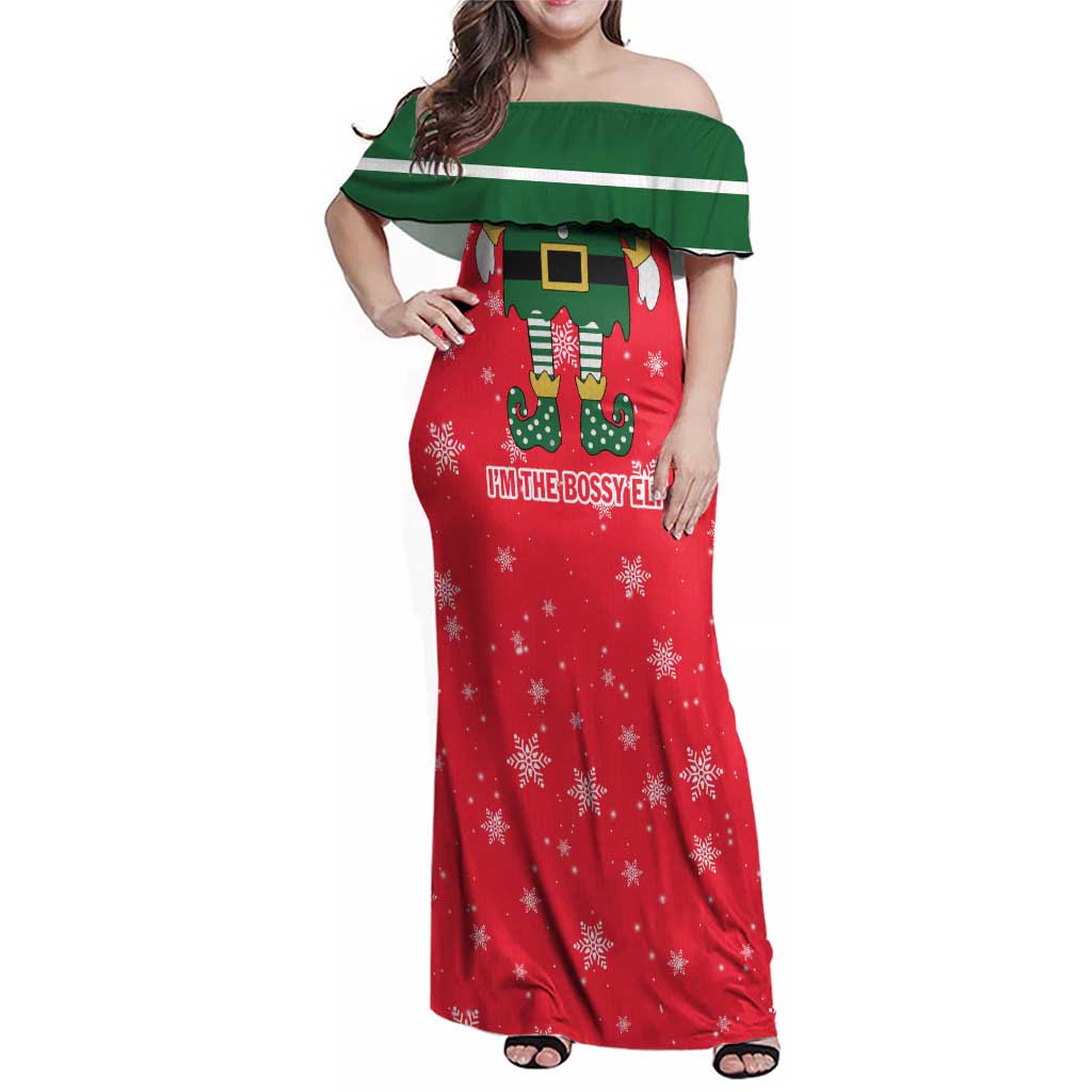 Bossy Elf Christmas Family Matching Off Shoulder Maxi Dress and Hawaiian Shirt with Snowflakes and Striped Sleeves - Wonder Print Shop