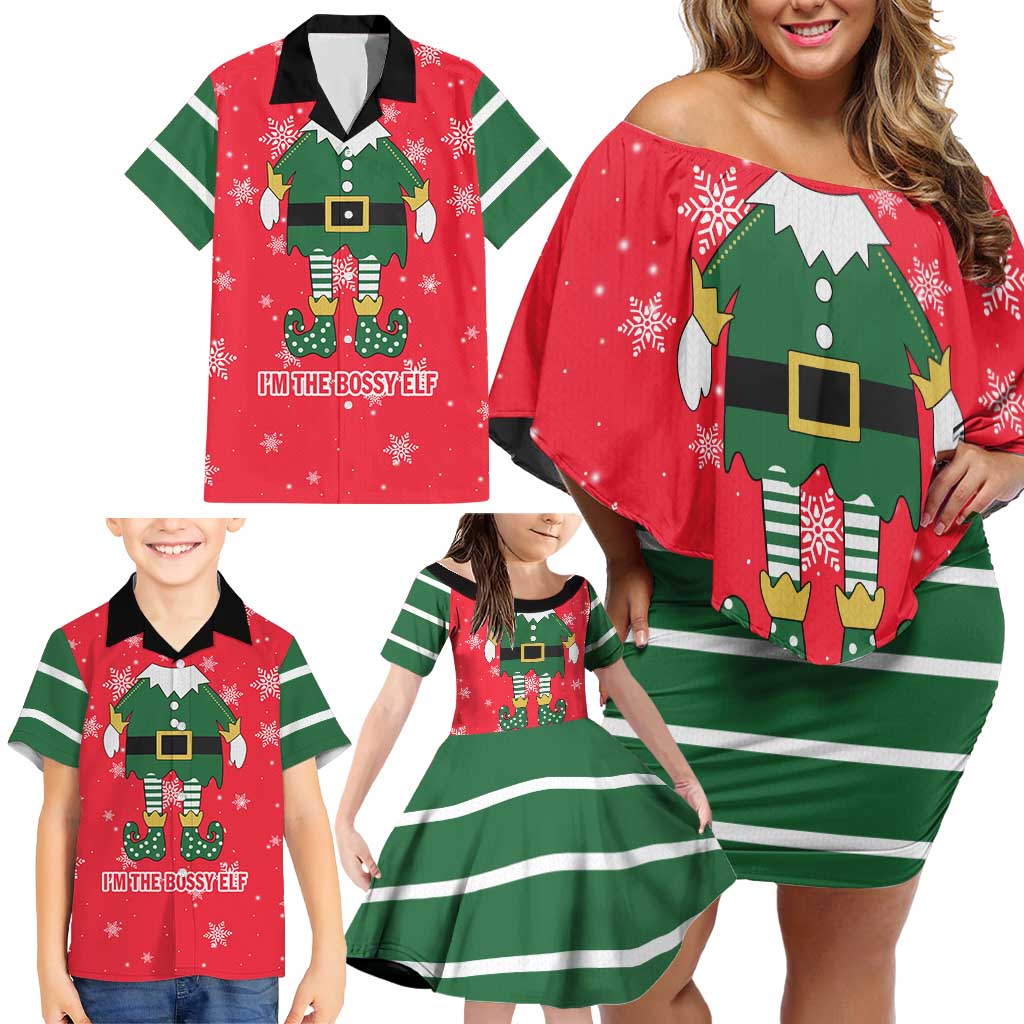 Bossy Elf Christmas Family Matching Off Shoulder Short Dress and Hawaiian Shirt with Snowflakes and Striped Sleeves - Wonder Print Shop