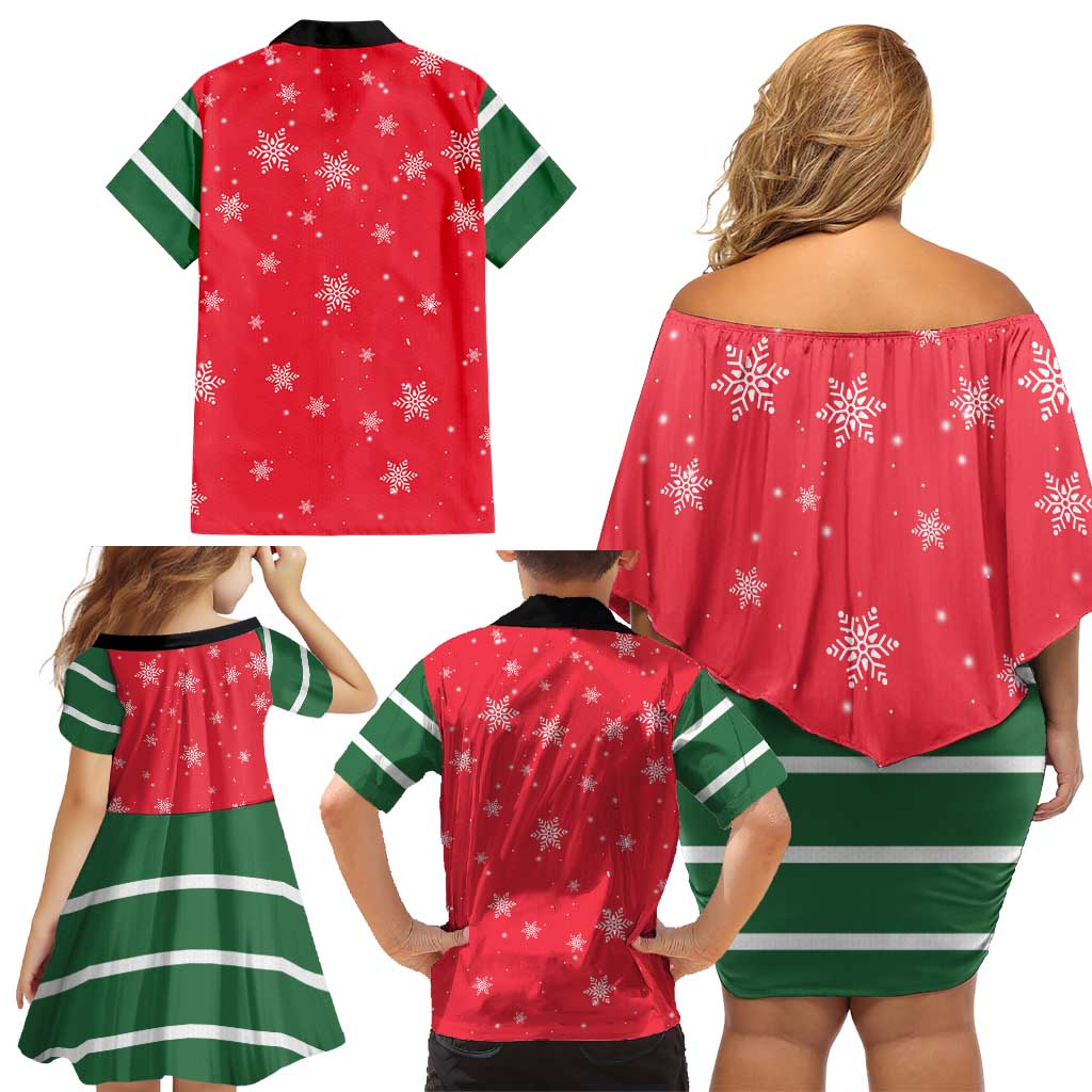 Bossy Elf Christmas Family Matching Off Shoulder Short Dress and Hawaiian Shirt with Snowflakes and Striped Sleeves - Wonder Print Shop