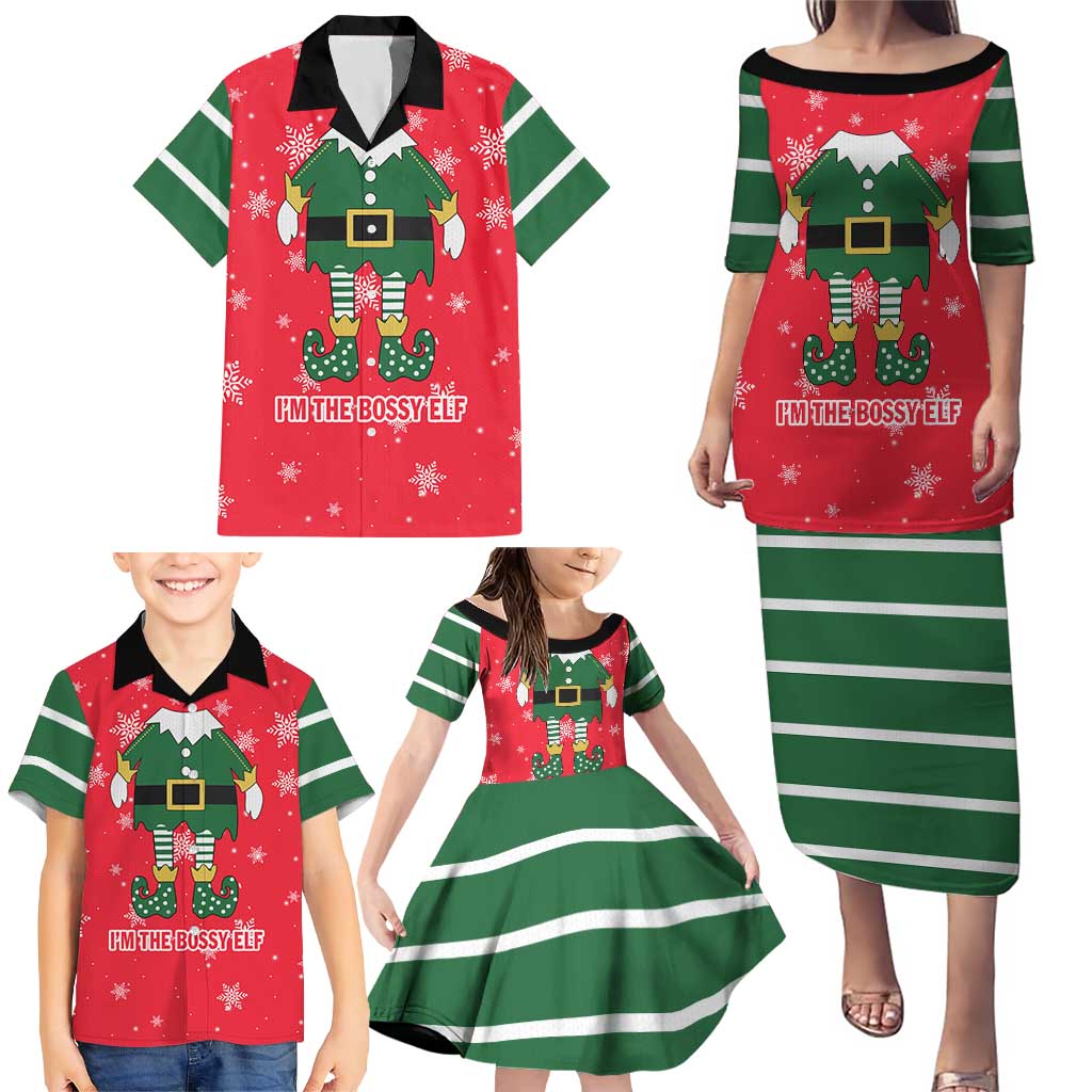 Bossy Elf Christmas Family Matching Puletasi and Hawaiian Shirt with Snowflakes and Striped Sleeves - Wonder Print Shop
