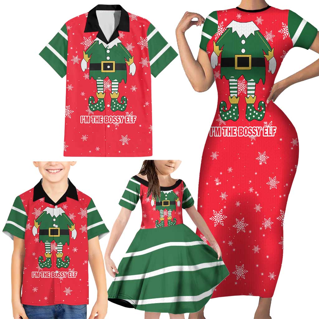 Bossy Elf Christmas Family Matching Short Sleeve Bodycon Dress and Hawaiian Shirt with Snowflakes and Striped Sleeves - Wonder Print Shop