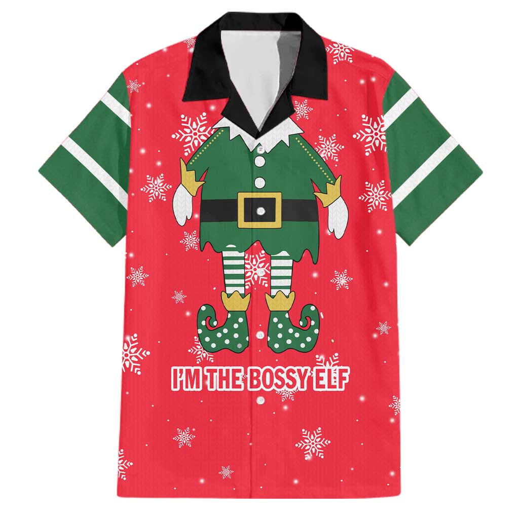 Bossy Elf Christmas Family Matching Short Sleeve Bodycon Dress and Hawaiian Shirt with Snowflakes and Striped Sleeves - Wonder Print Shop
