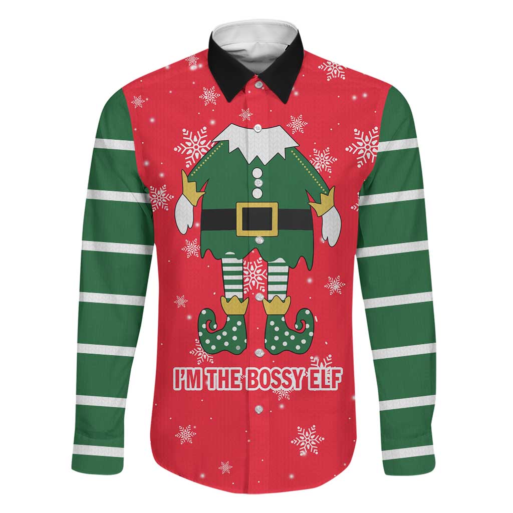 Bossy Elf Christmas Family Matching Short Sleeve Bodycon Dress and Hawaiian Shirt with Snowflakes and Striped Sleeves - Wonder Print Shop