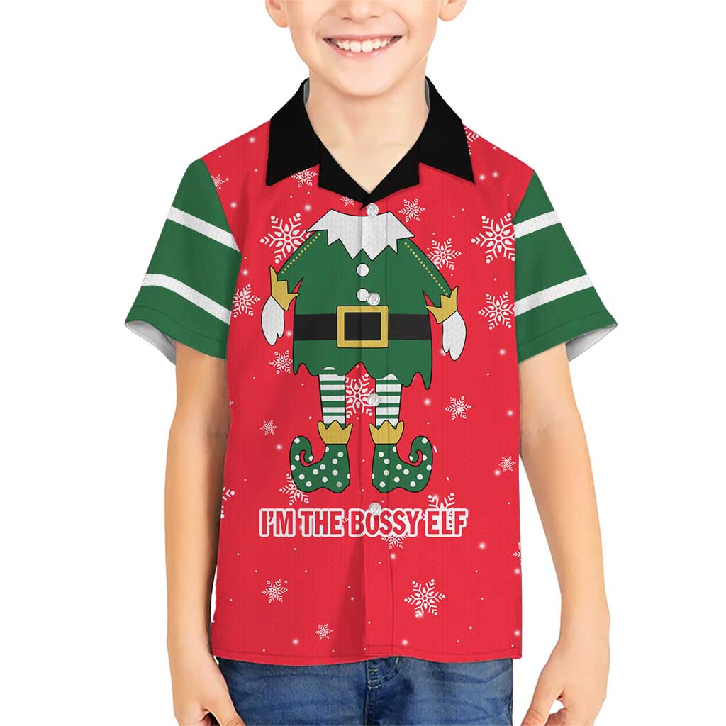 Bossy Elf Christmas Family Matching Short Sleeve Bodycon Dress and Hawaiian Shirt with Snowflakes and Striped Sleeves - Wonder Print Shop