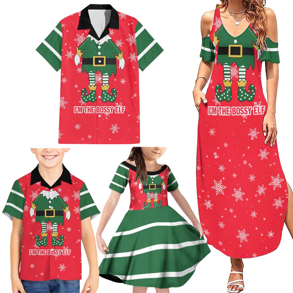 Bossy Elf Christmas Family Matching Summer Maxi Dress and Hawaiian Shirt with Snowflakes and Striped Sleeves - Wonder Print Shop
