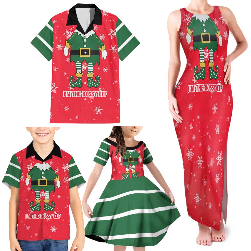 Bossy Elf Christmas Family Matching Tank Maxi Dress and Hawaiian Shirt with Snowflakes and Striped Sleeves - Wonder Print Shop