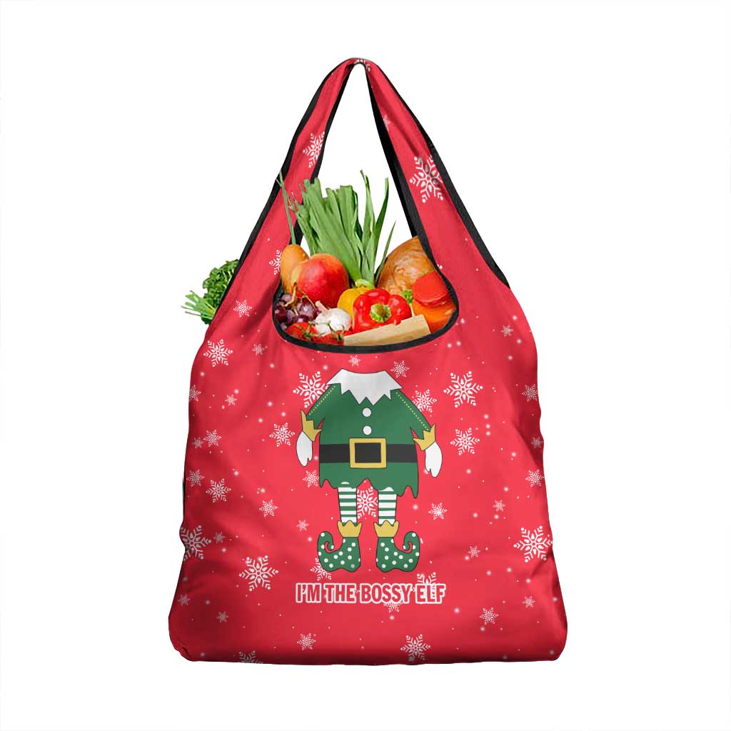 Bossy Elf Christmas Grocery Bag with Snowflakes and Striped Sleeves - Wonder Print Shop