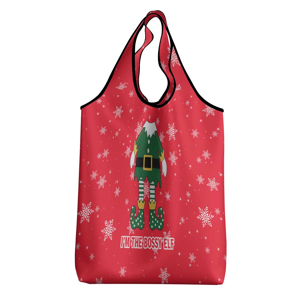 Bossy Elf Christmas Grocery Bag with Snowflakes and Striped Sleeves - Wonder Print Shop
