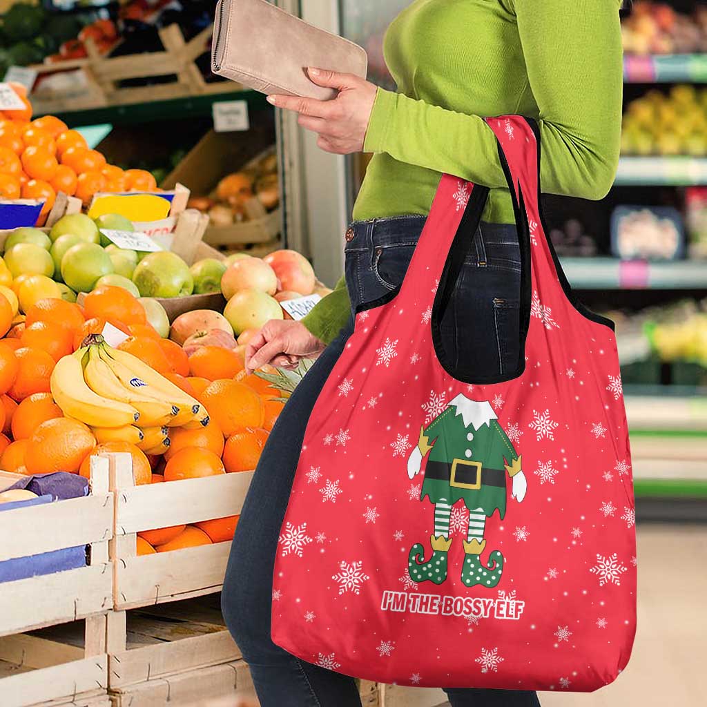 Bossy Elf Christmas Grocery Bag with Snowflakes and Striped Sleeves - Wonder Print Shop