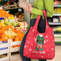 Bossy Elf Christmas Grocery Bag with Snowflakes and Striped Sleeves - Wonder Print Shop