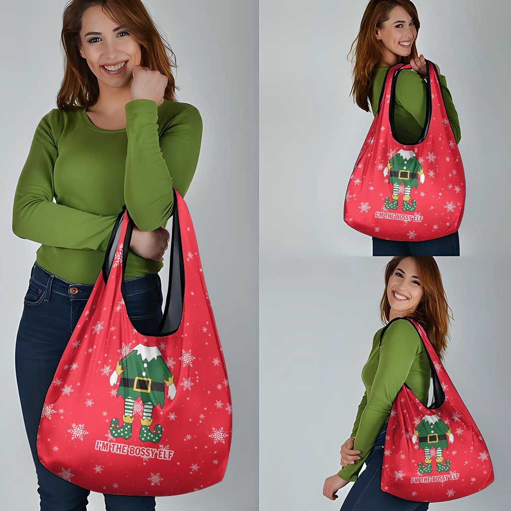 Bossy Elf Christmas Grocery Bag with Snowflakes and Striped Sleeves - Wonder Print Shop