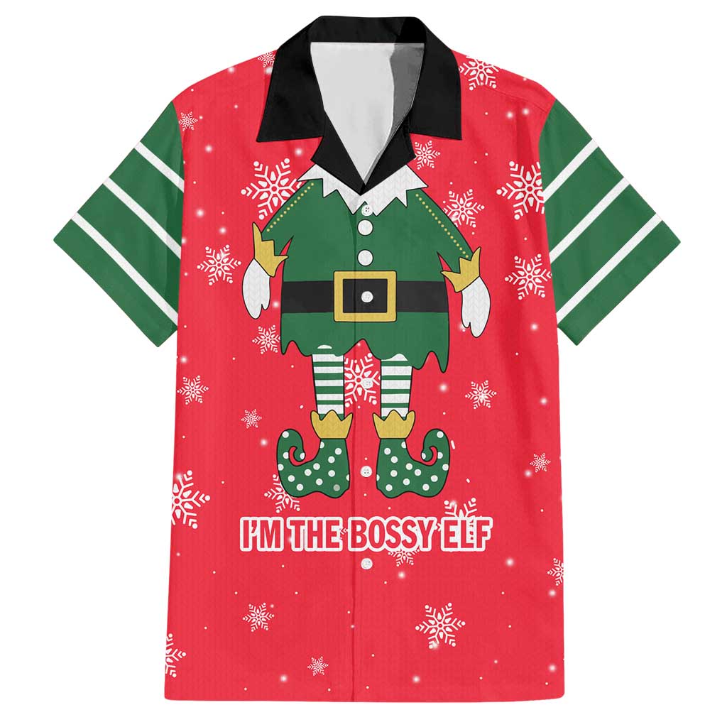 Bossy Elf Christmas Hawaiian Shirt with Snowflakes and Striped Sleeves - Wonder Print Shop