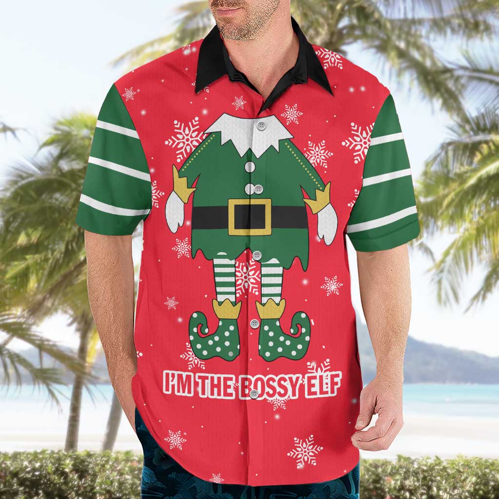 Bossy Elf Christmas Hawaiian Shirt with Snowflakes and Striped Sleeves - Wonder Print Shop