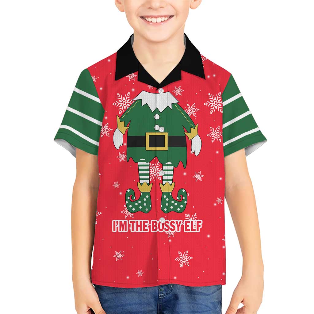 Bossy Elf Christmas Hawaiian Shirt with Snowflakes and Striped Sleeves - Wonder Print Shop