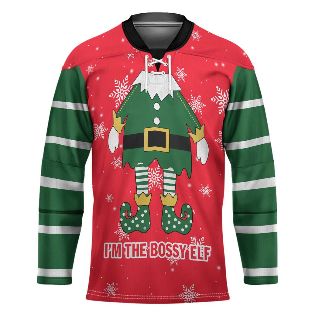 Bossy Elf Christmas Hockey Jersey with Snowflakes and Striped Sleeves - Wonder Print Shop