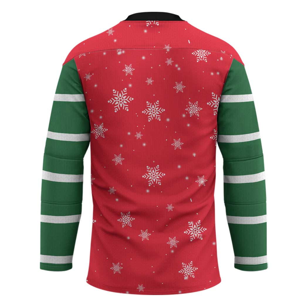 Bossy Elf Christmas Hockey Jersey with Snowflakes and Striped Sleeves - Wonder Print Shop