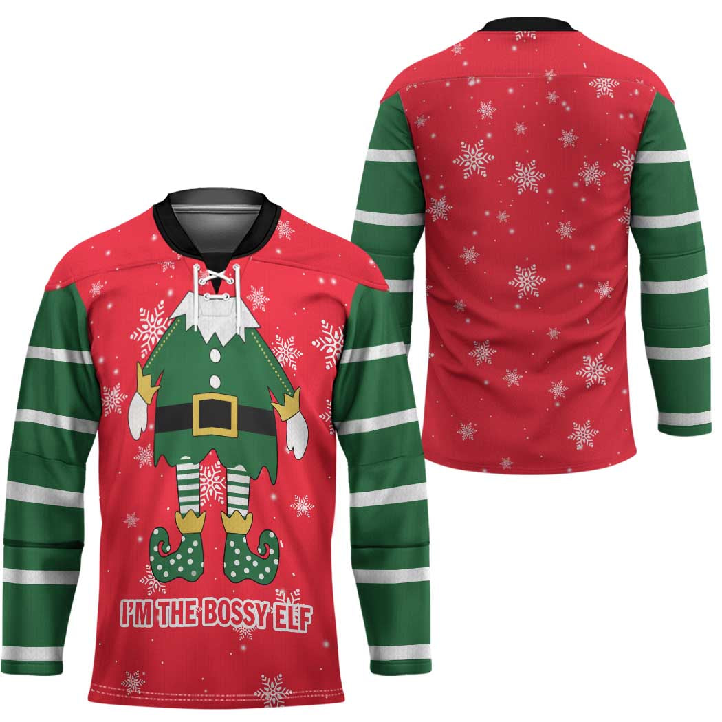 Bossy Elf Christmas Hockey Jersey with Snowflakes and Striped Sleeves - Wonder Print Shop