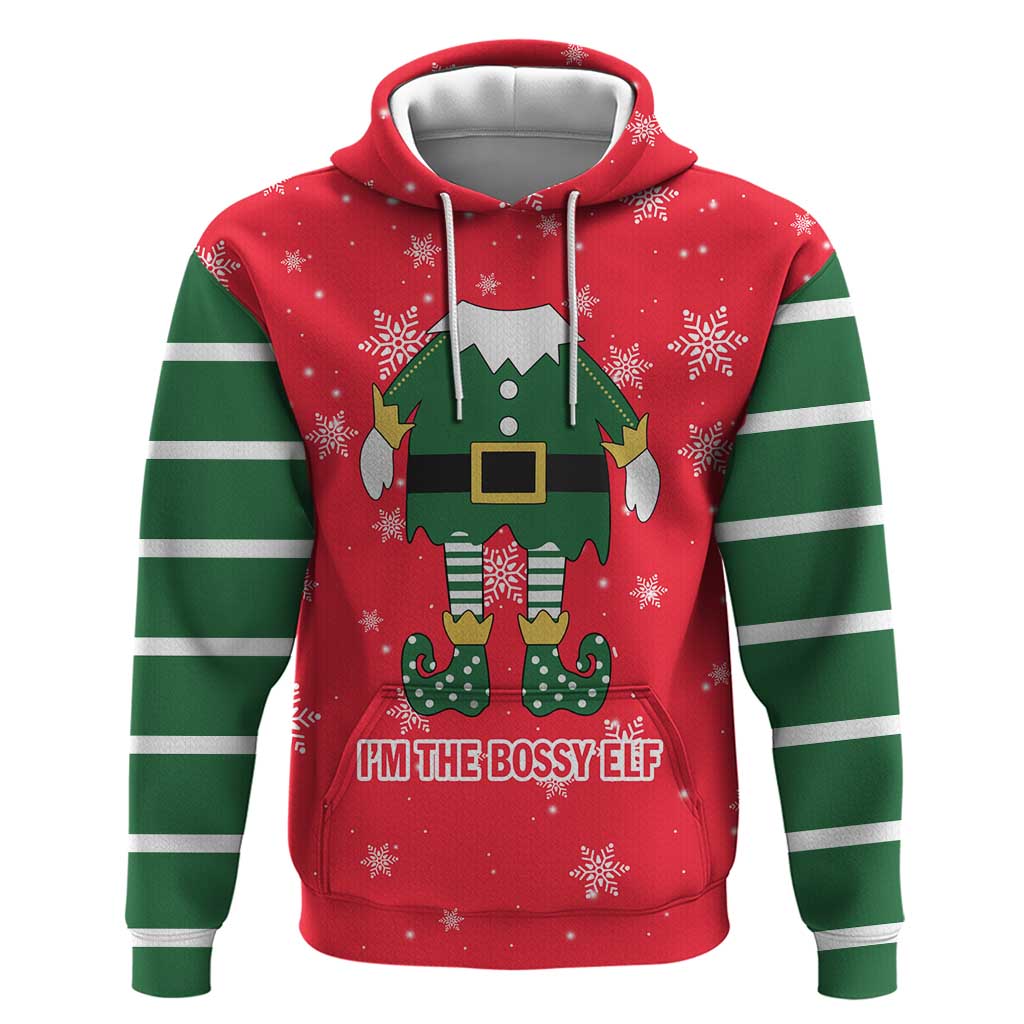 Bossy Elf Christmas Hoodie with Snowflakes and Striped Sleeves - Wonder Print Shop