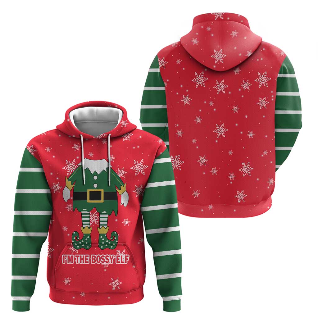 Bossy Elf Christmas Hoodie with Snowflakes and Striped Sleeves - Wonder Print Shop