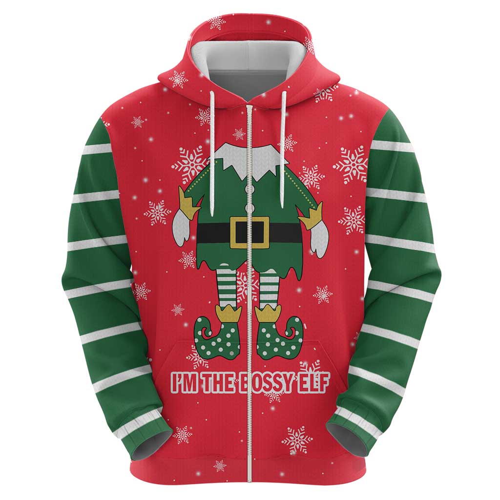 Bossy Elf Christmas Hoodie with Snowflakes and Striped Sleeves - Wonder Print Shop