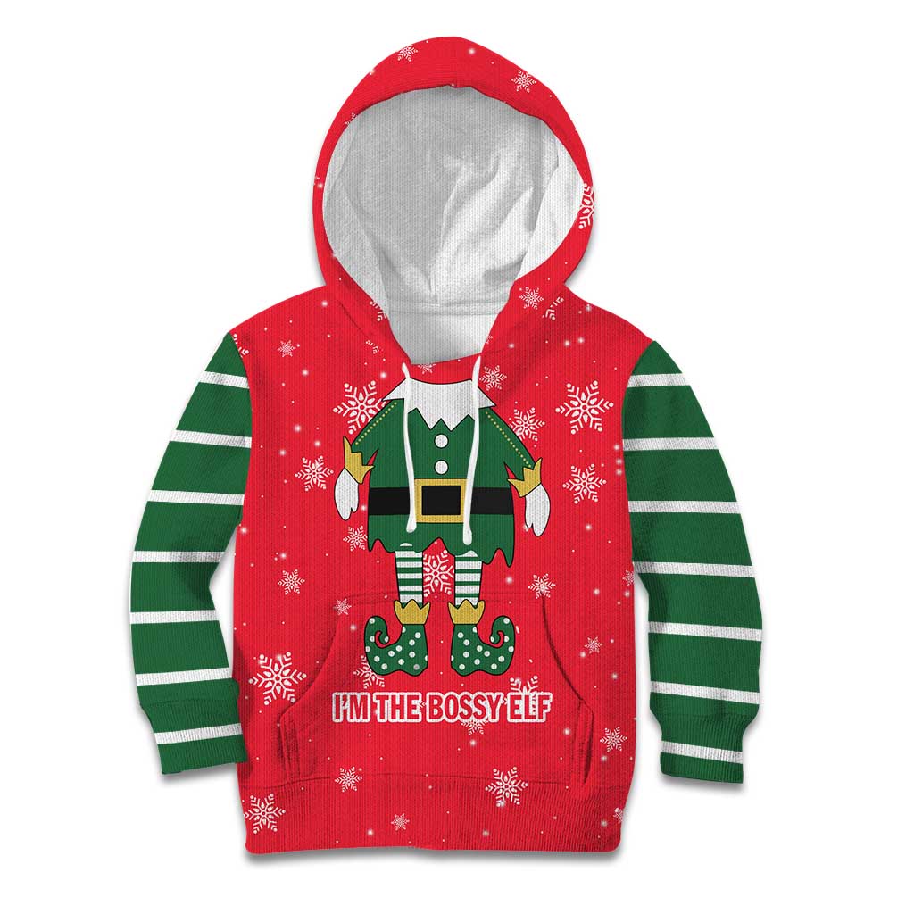 Bossy Elf Christmas Kid Hoodie with Snowflakes and Striped Sleeves - Wonder Print Shop