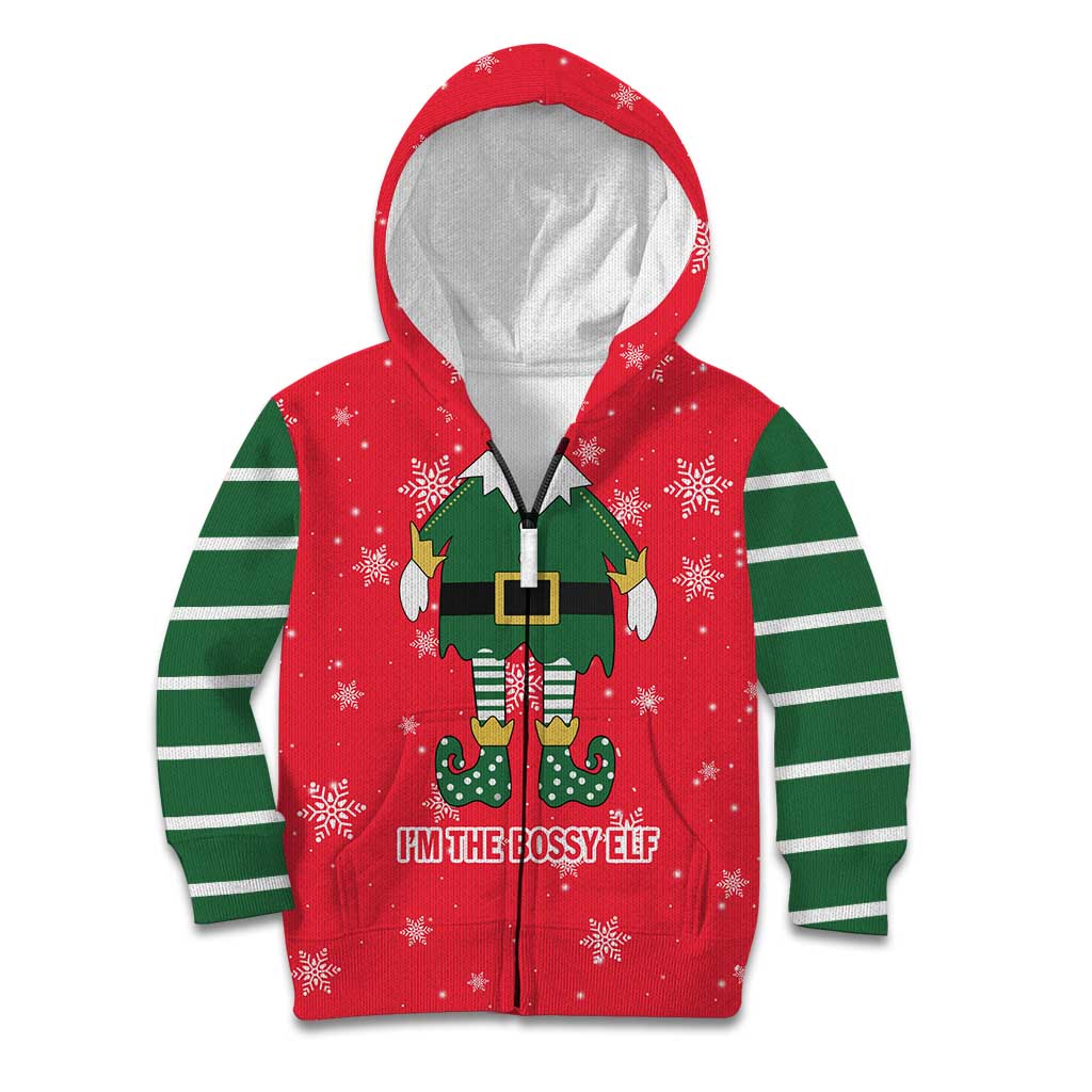 Bossy Elf Christmas Kid Hoodie with Snowflakes and Striped Sleeves - Wonder Print Shop