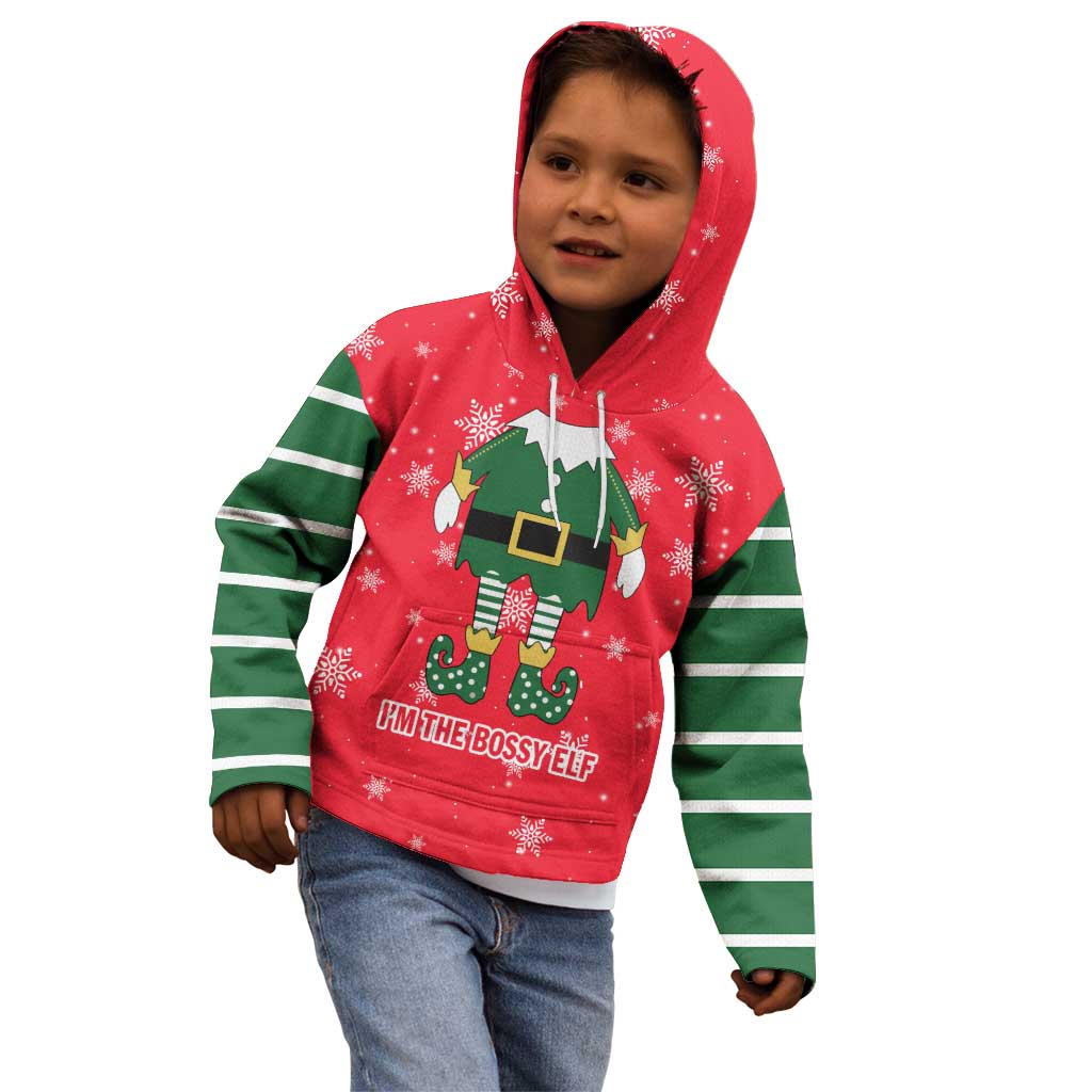 Bossy Elf Christmas Kid Hoodie with Snowflakes and Striped Sleeves - Wonder Print Shop