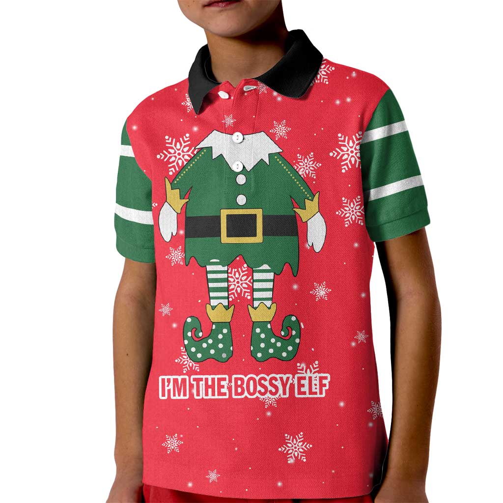 Bossy Elf Christmas Kid Polo Shirt with Snowflakes and Striped Sleeves - Wonder Print Shop
