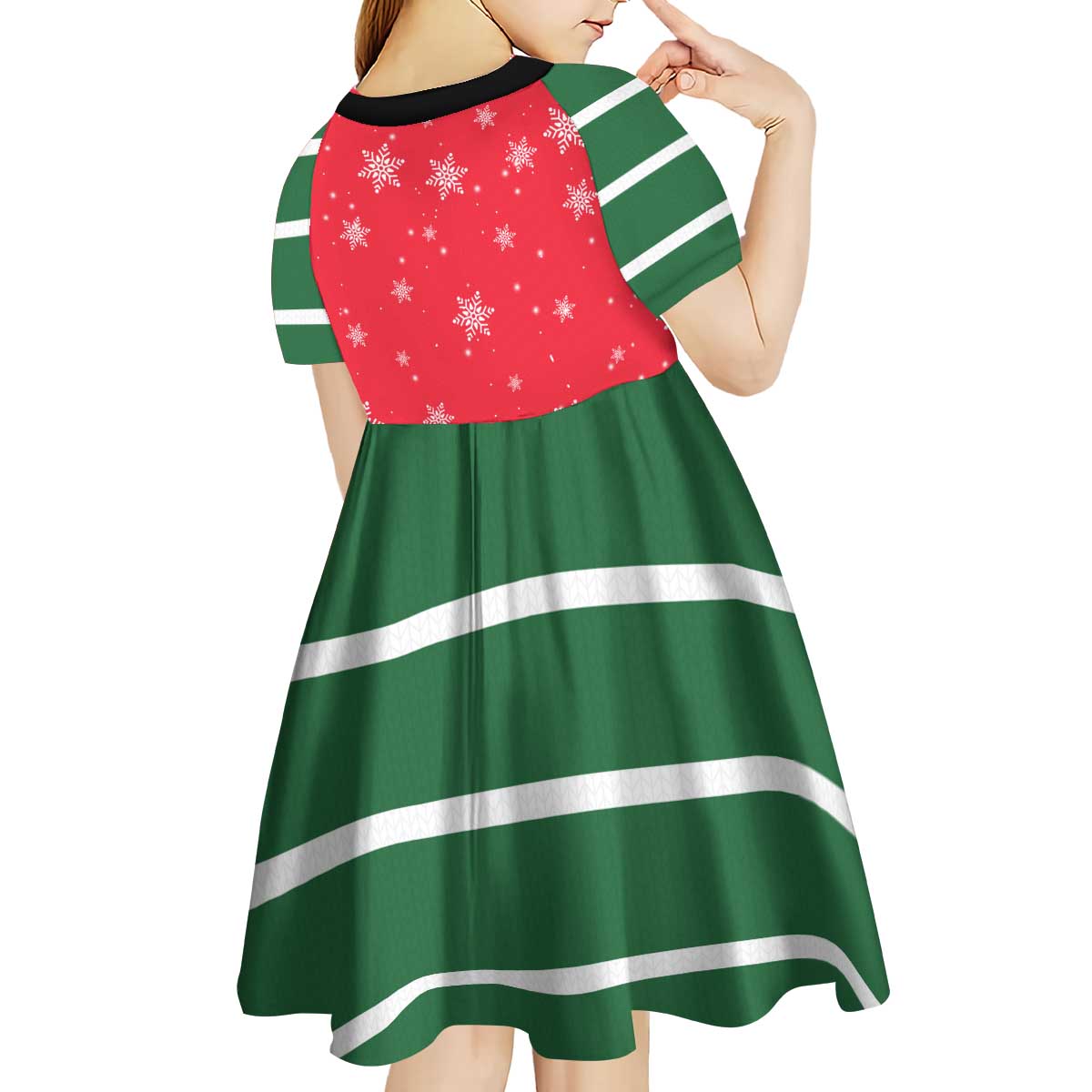 Bossy Elf Christmas Kid Short Sleeve Dress with Snowflakes and Striped Sleeves - Wonder Print Shop