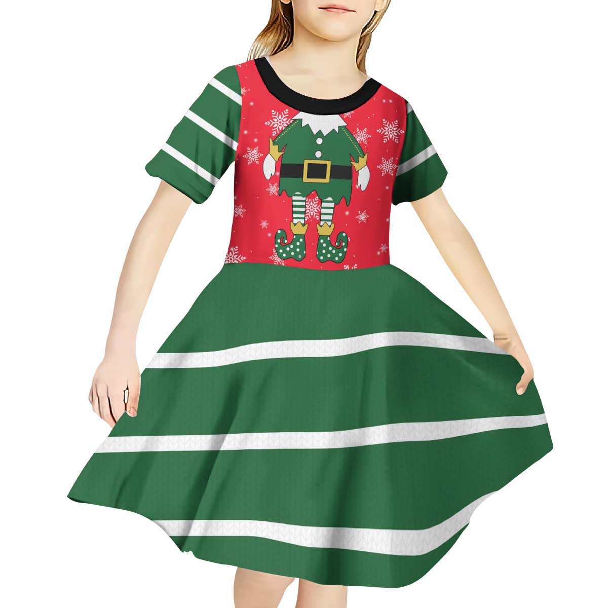 Bossy Elf Christmas Kid Short Sleeve Dress with Snowflakes and Striped Sleeves - Wonder Print Shop